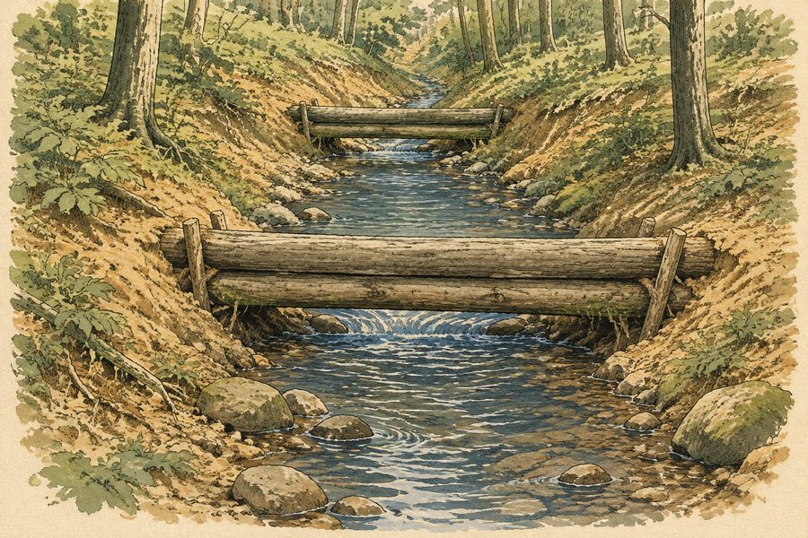 Illustration: a leaky log dam in a wooded draw