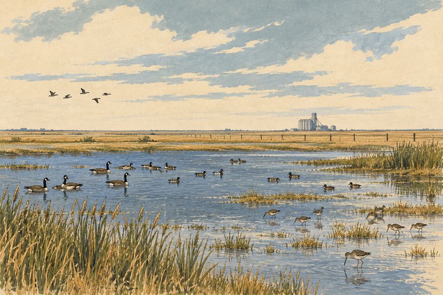 Illustration: a shallow seasonal wetland with waterfowl on Kansas farmland