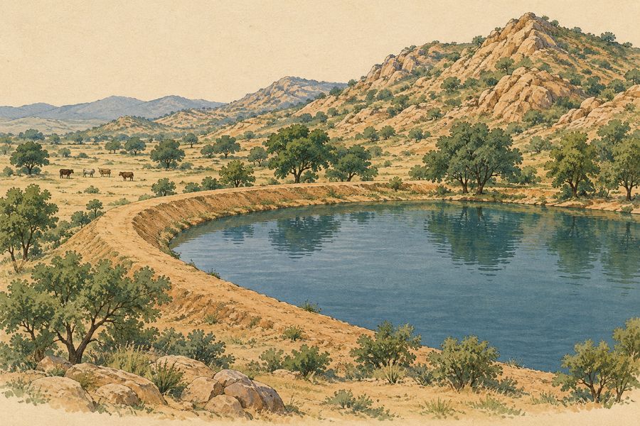 Illustration: an earthen johad holding monsoon rainwater in Rajasthan