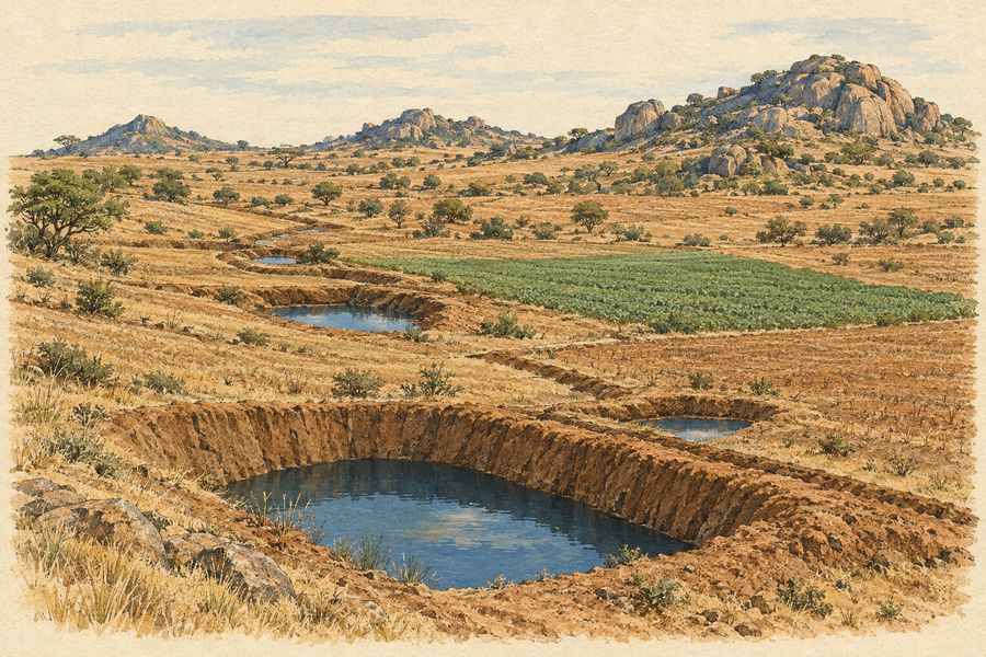 Illustration: contour trenches and water-holding pits on dry Zimbabwean farmland